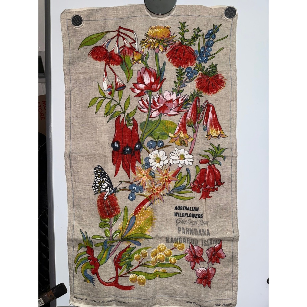 Vintage Souvenirs Australia Wildflowers Kangaroo Island Linen Tea Towel 18x30